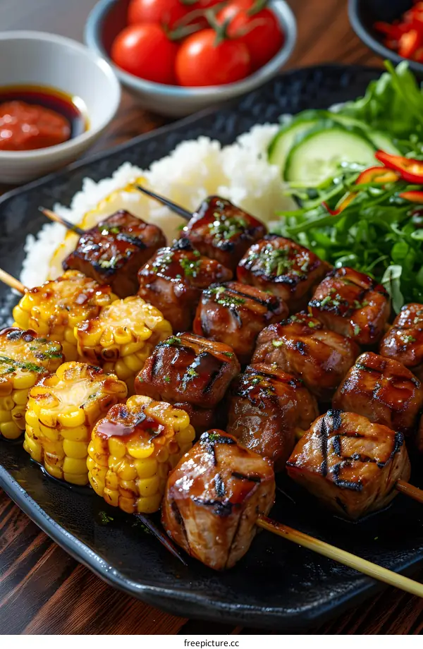 Grilled pork skewers with corn and salad