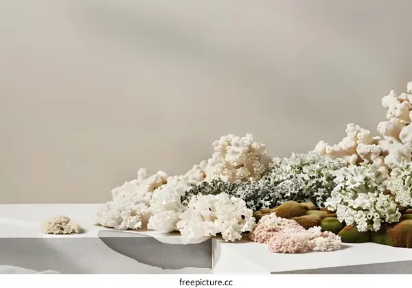 White Coral and Green Moss on Beige Background