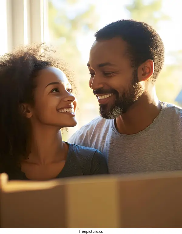 Happy Couple Looking at Each Other During Moving Day