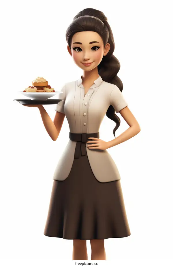 Smiling Waitress Holding a Tray of Food