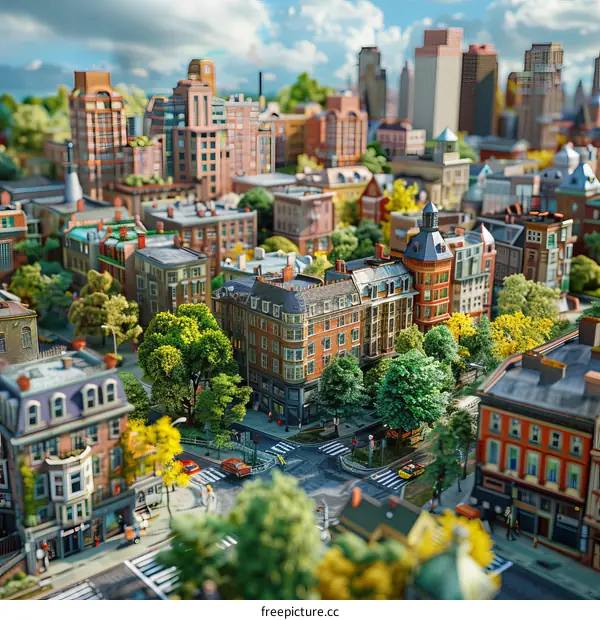 Miniature Cityscape with Buildings and Trees