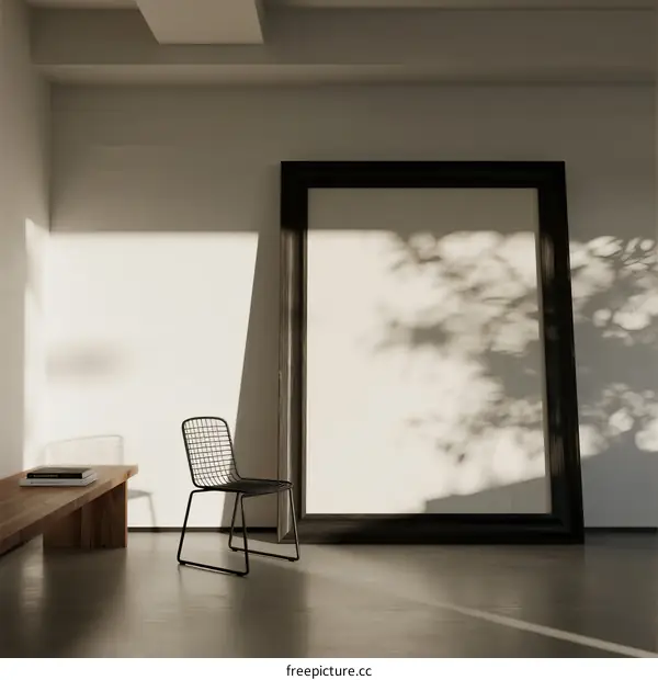 Minimalist room with black frame window and single chair