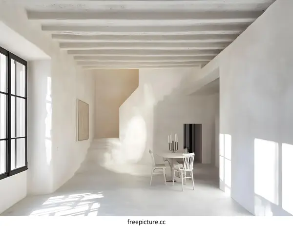 Minimalist White Interior Design With Exposed Wooden Beams
