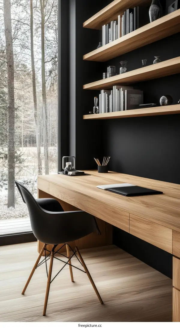 Modern Wooden Home Office with Bookshelves