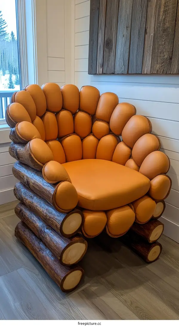 Unique Log Chair with Orange Leather Seat