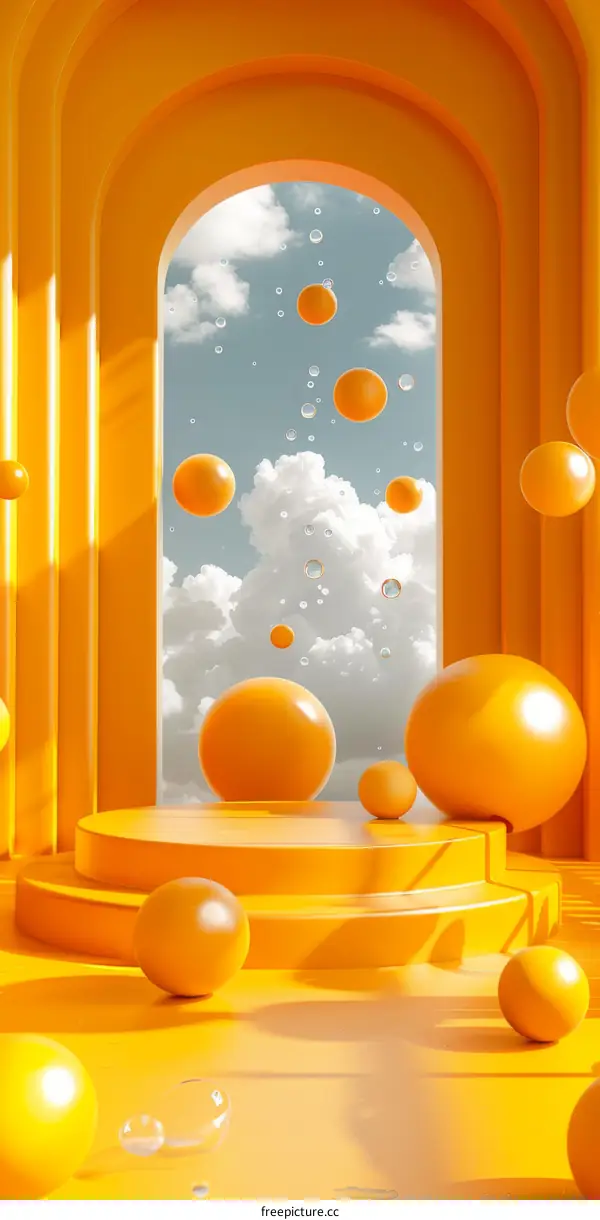 3D rendering of yellow balls in a yellow room with a blue cloudy sky in the background