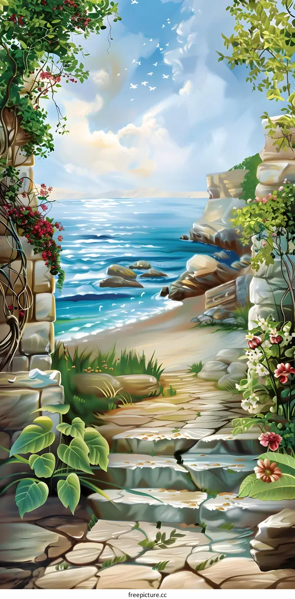 Stone Path Leading to the Ocean with Lush Greenery