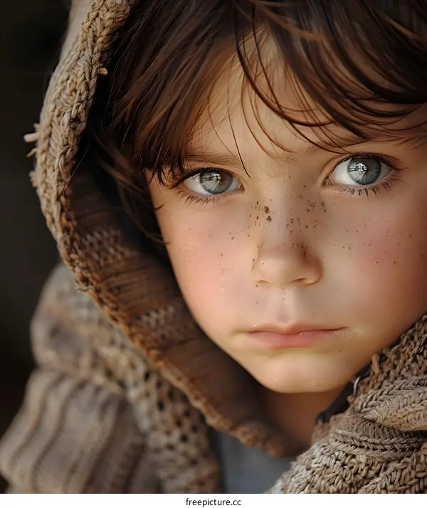 Portrait of a Young Boy with Freckles Wearing a Brown Knitted Hoodie