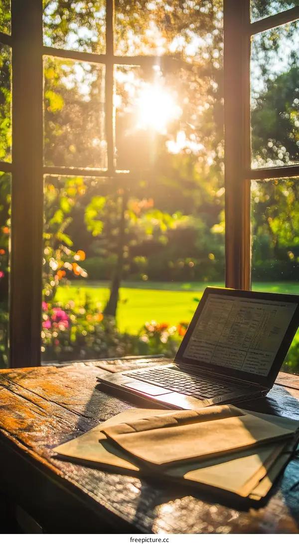 Sunny Day Workspace with Laptop and Documents
