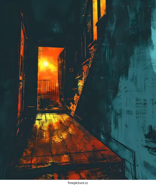 Dark Hallway with Bright Doorway Leading to Sunset