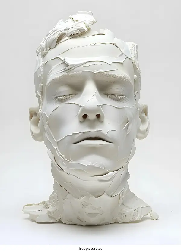 A white plaster head sculpture with eyes closed