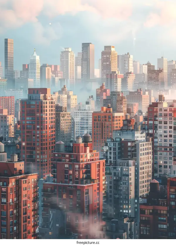 An aerial view of a large city with many tall buildings