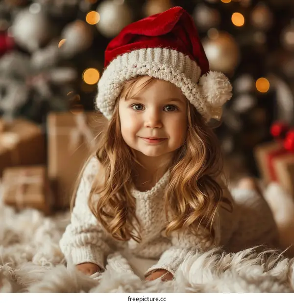 Little girl in Santa hat near Christmas tree