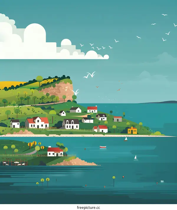 Coastal Village with White Houses and a Blue Sky