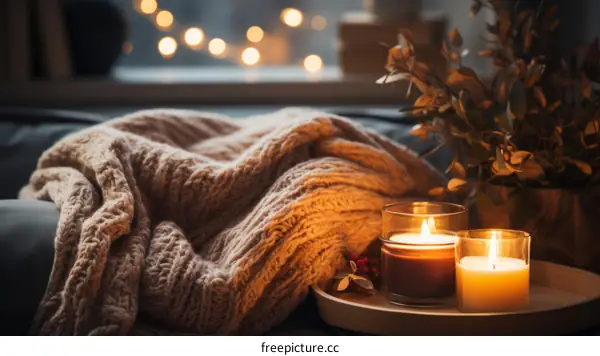 A cozy home with candles and a blanket