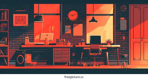 Modern Home Office Interior Illustration With Red Color Scheme