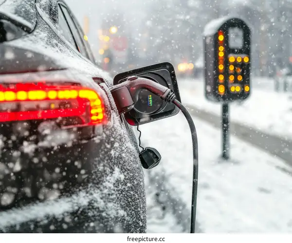 Electric Car Charging in Winter Snow