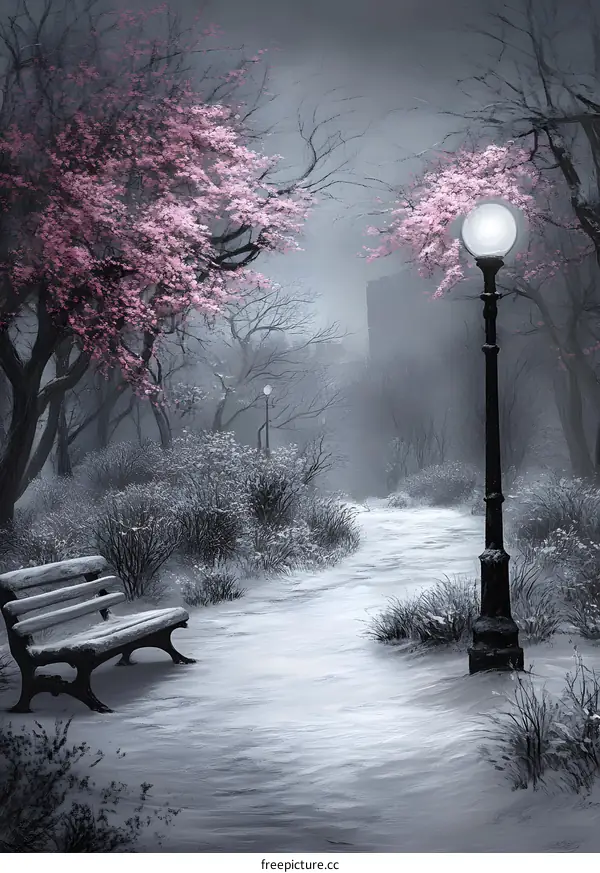 Winter Scene with Snowy Path and Pink Flowers