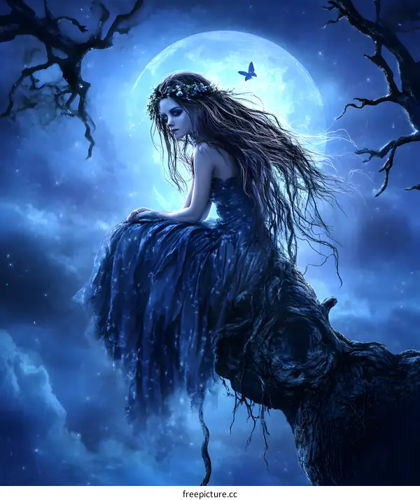 Fantasy Illustration Of A Woman Sitting On A Tree Branch Under A Full Moon