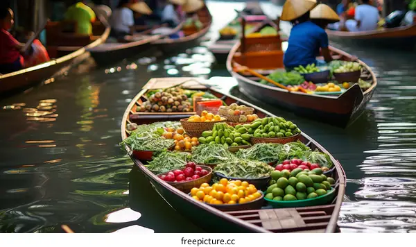 Floating market in Thailand with boats full of fresh fruits and vegetables
