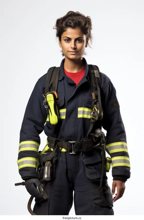 Portrait of a young female firefighter in protective gear
