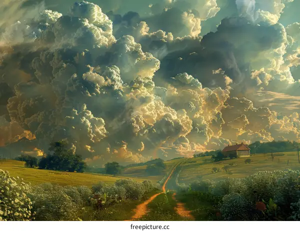 Serene Country Path Under Golden Sunset Sky