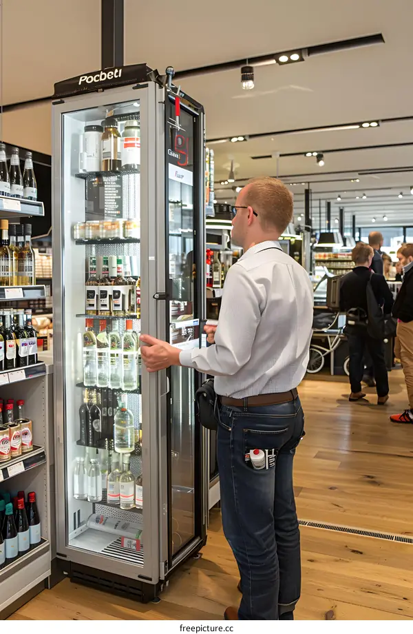 Man in a Supermarket Choosing from a Refrigerated Display Unit