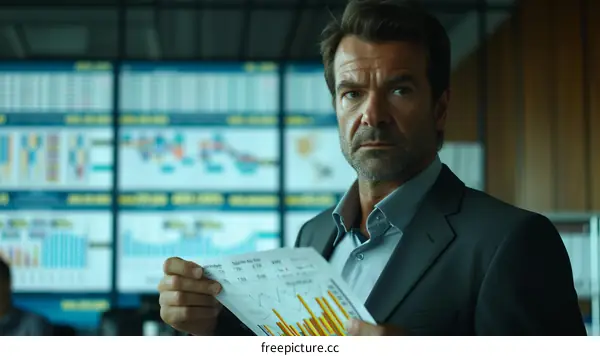 A businessman looking at a financial report in front of a large screen with stock market data.