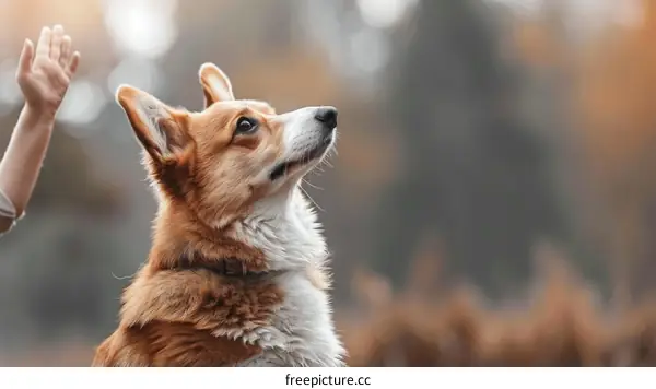 Corgi Puppy Looking Up at Owner in Park