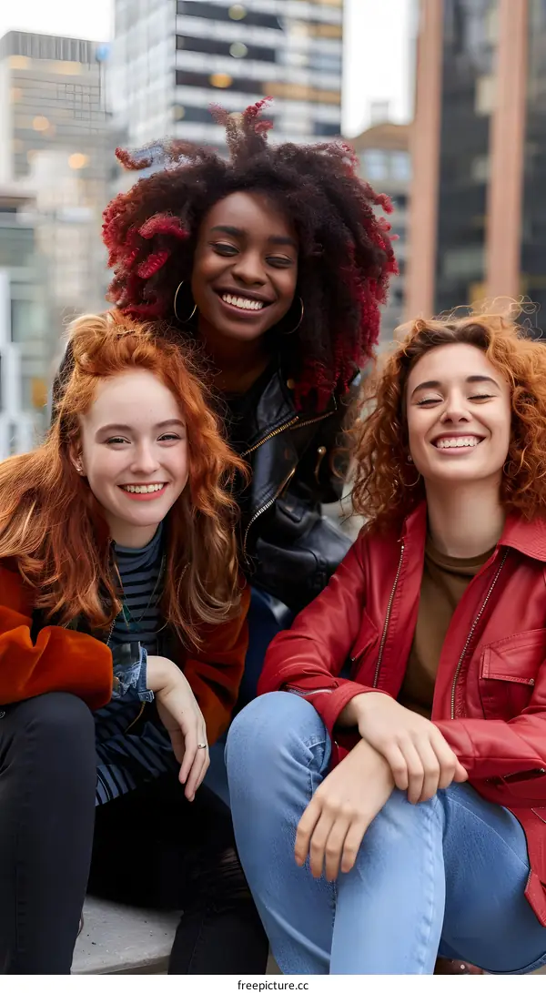 Three Diverse Women Smiling Together In Urban Setting