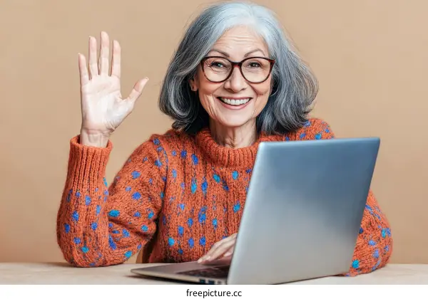 Senior Woman Smiling and Greeting with Laptop