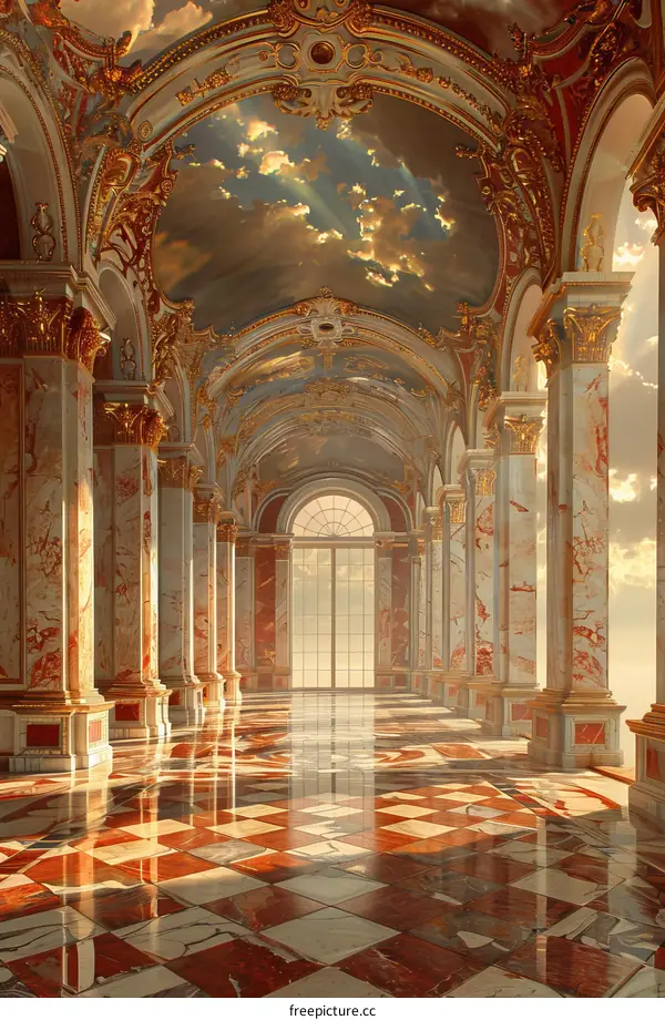 Grand Hallway with Marble Columns and Coffered Ceiling