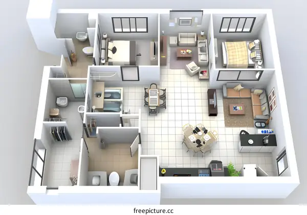 A 3D rendering of a modern apartment with two bedrooms and two bathrooms.