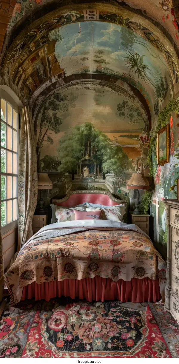 Vintage bedroom with painted vaulted ceiling