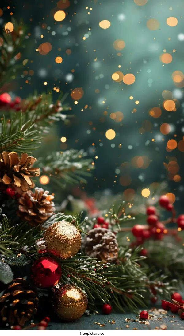 Festive Christmas Background with Fir Branches, Pine Cones & Red Berries