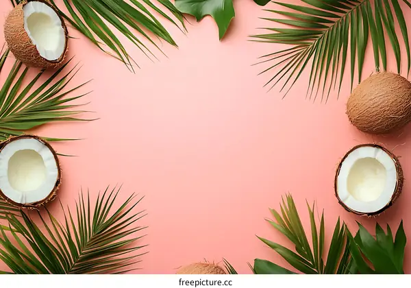 Tropical Palm Leaves and Coconut on Pink Background