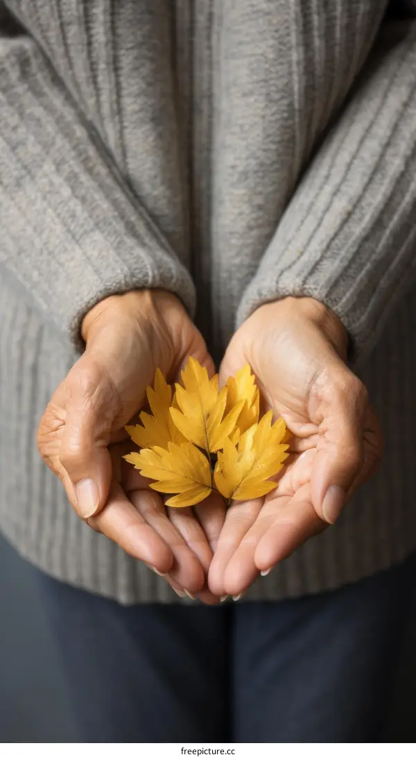 An old person holding a handful of yellow autumn leaves in the palm of their hands