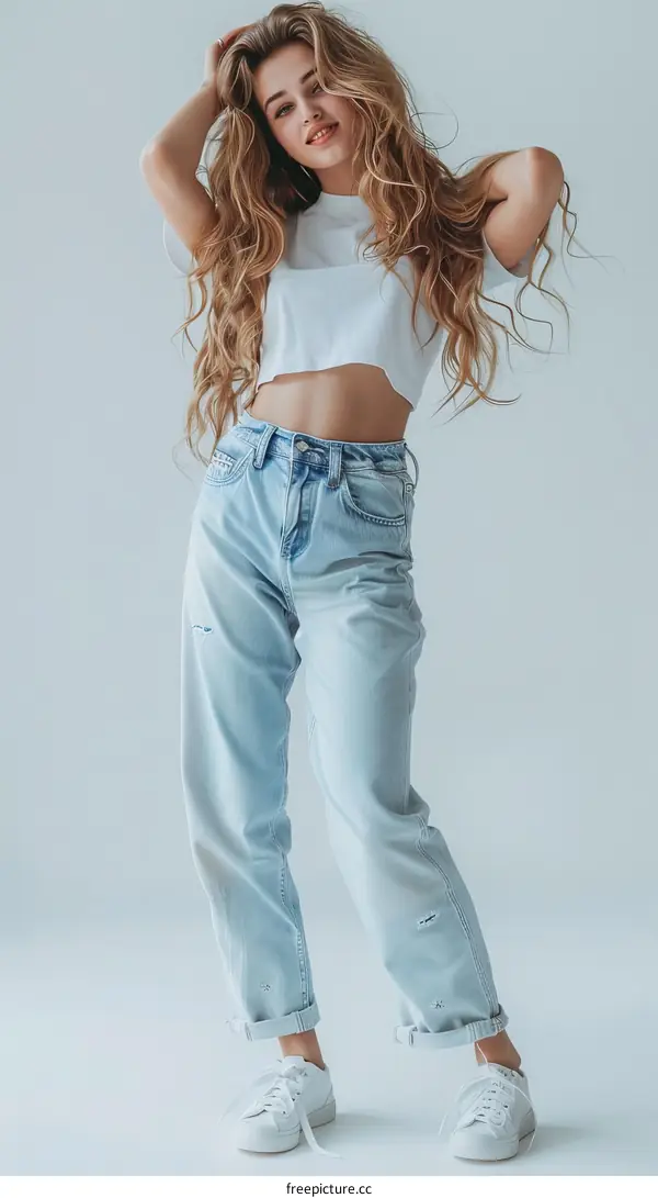 Young Woman with Long Blonde Hair Posing in Casual Outfit