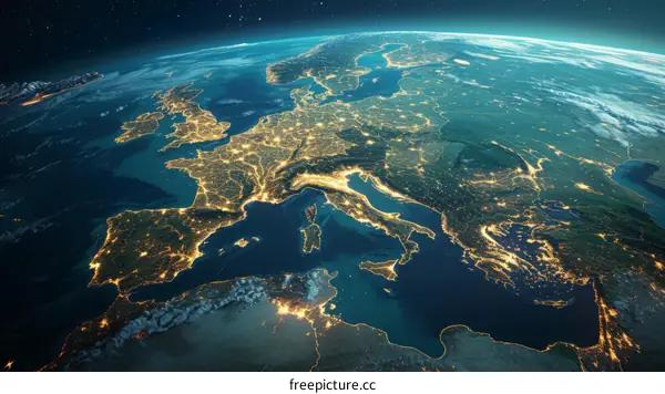 Earth at night showing the lights of Europe and North Africa
