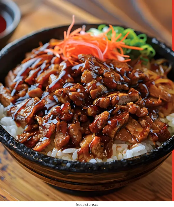 A bowl of Japanese food with beef, rice and vegetables