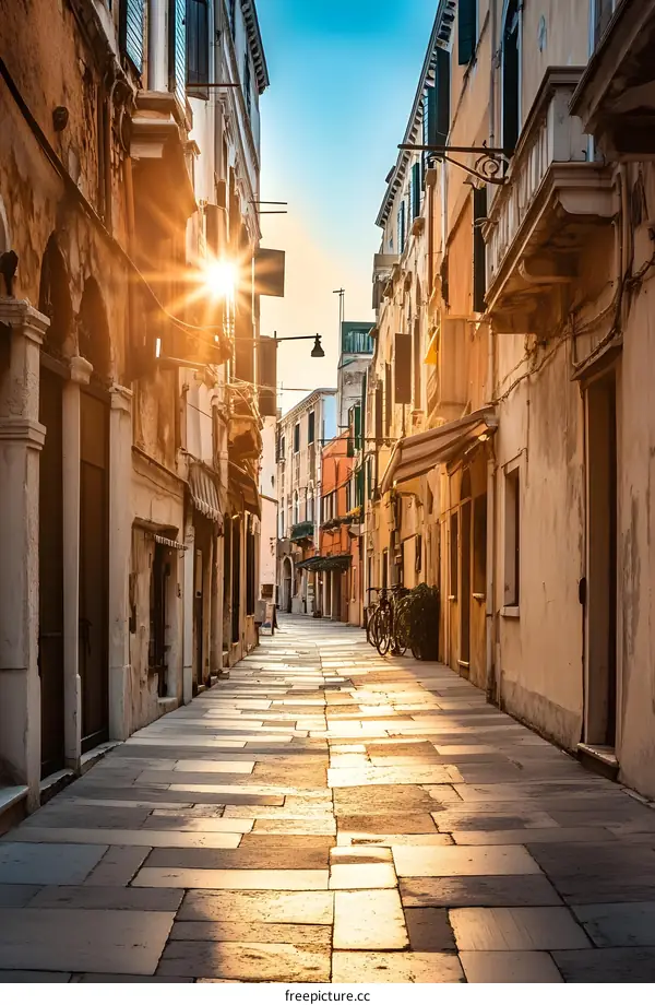 Sunrise Over Empty Cobblestone Street in Venice Italy