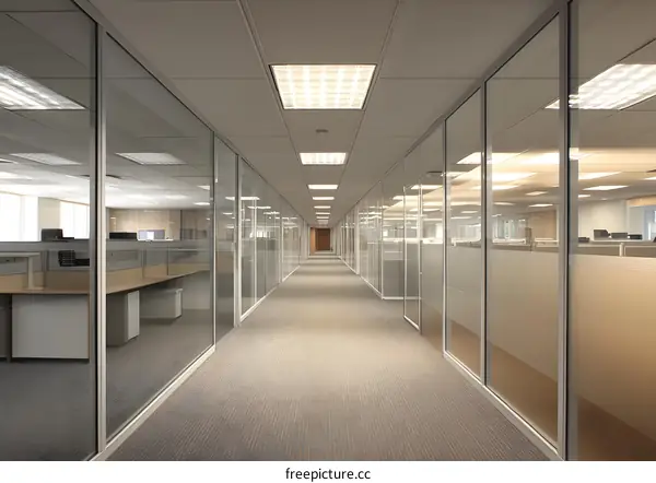 Empty Office Corridor with Glass Walls and Ceiling Lights