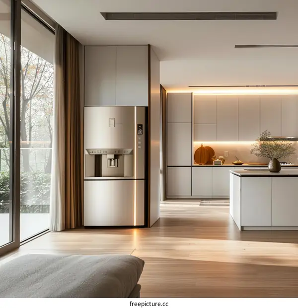 Modern Kitchen Design with Island and Refrigerator
