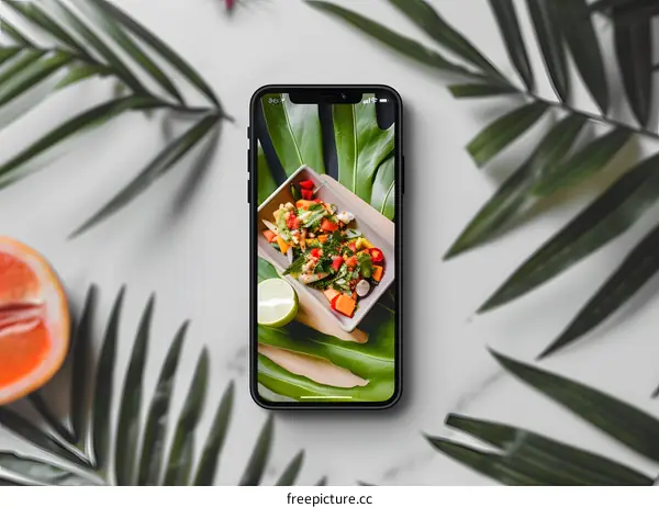 Smartphone Displaying Food Photo On White Background With Palm Leaves