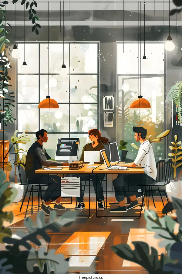 Three People Working on Computers in a Modern Office Space