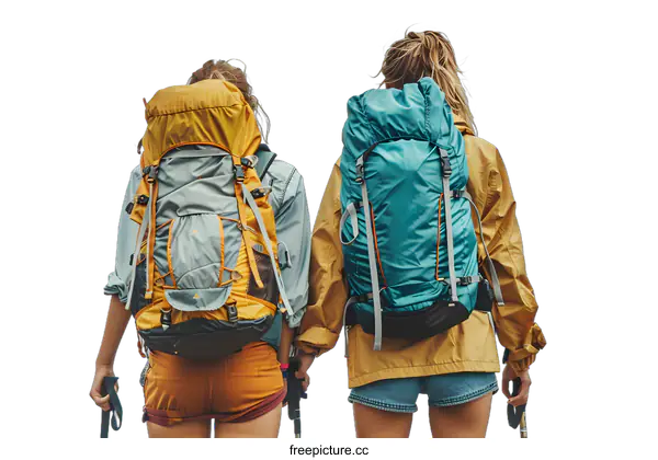 [Transparent Background PNG]Two female hikers with backpacks