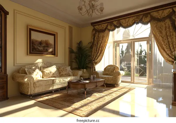 Elegant Living Room With Large Windows And A View Of Garden