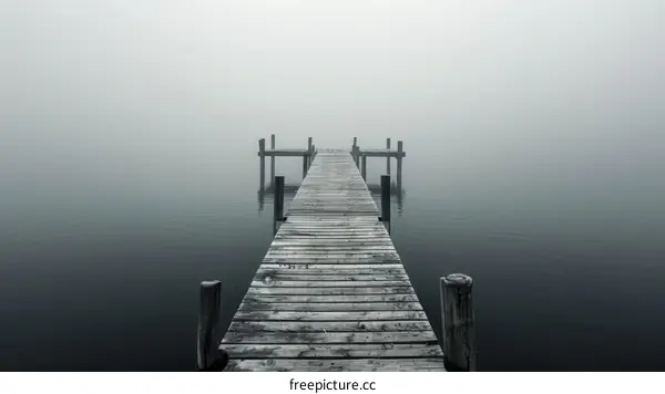 Wooden dock extending into calm lake on foggy day