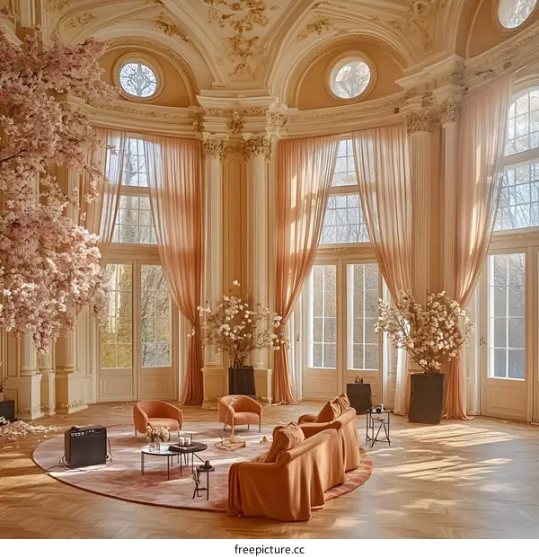 Elegant Living Room Interior Design with Large Windows and Cherry Blossom Trees