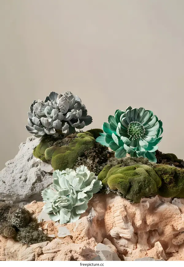 Green Flowers on a Stone and Moss Background